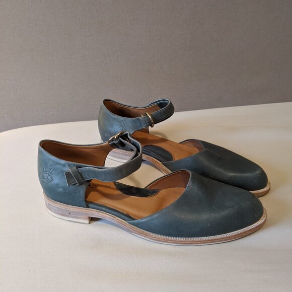 Blue leather John Fluevog flats, retro summer sandals, designer Mary Jane shoes - Picture 1 of 15